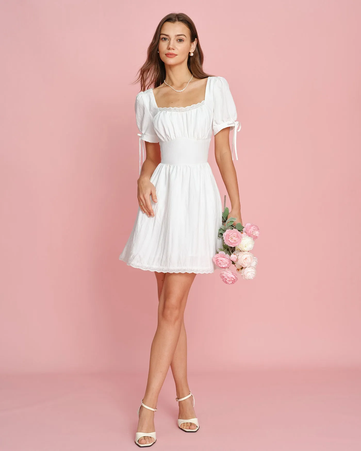 White Square Neck Lace Mini Dress sold by rihoas product image thumbnail 3