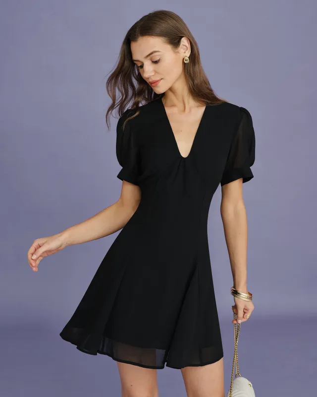 Black V Neck Puffed Sleeve Mini Dress made by rihoas