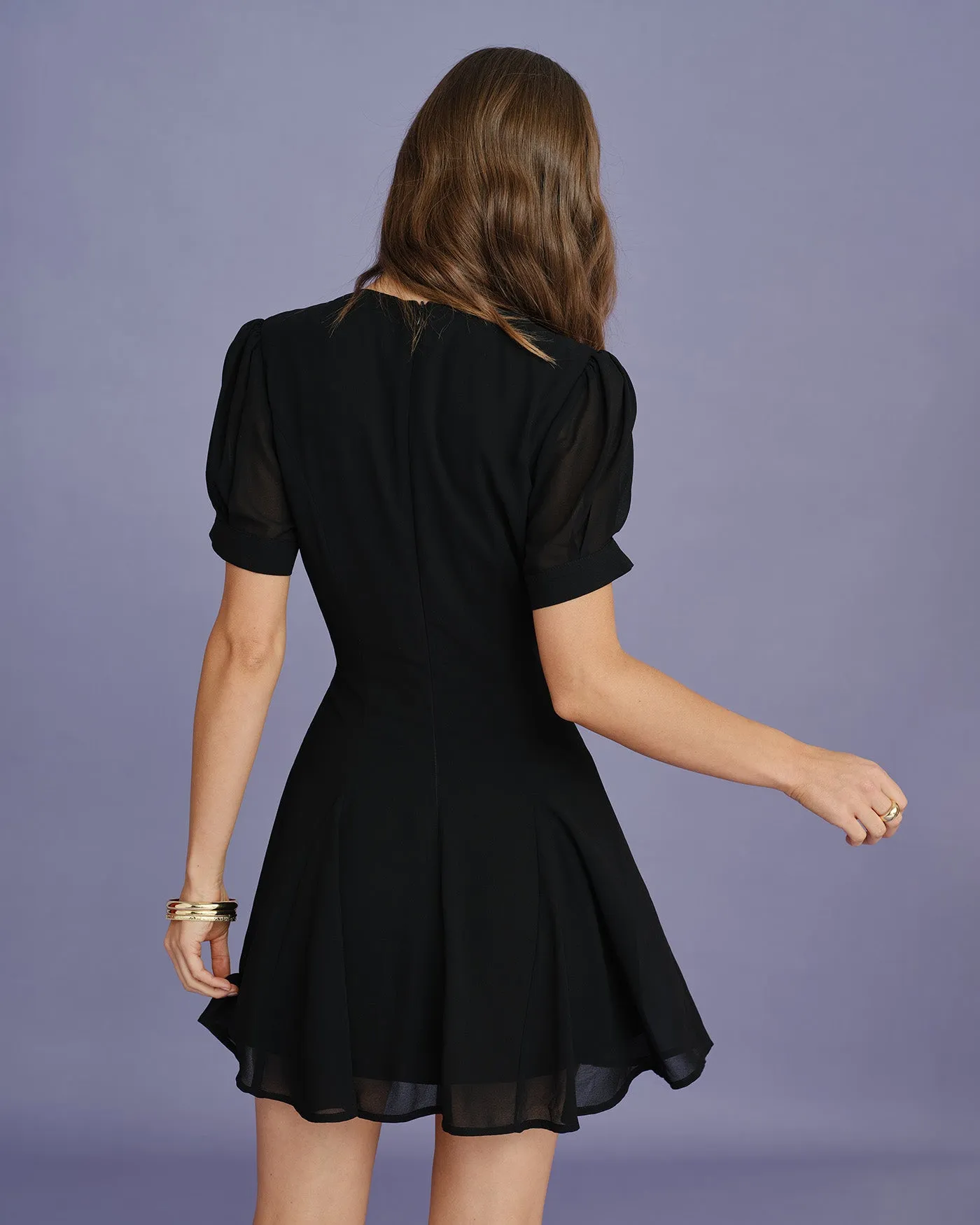 Black V Neck Puffed Sleeve Mini Dress sold by rihoas product image thumbnail 4