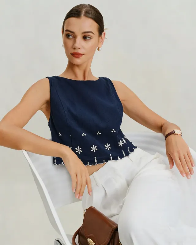 Blue Embroidery Contrasting Tank Top made by rihoas