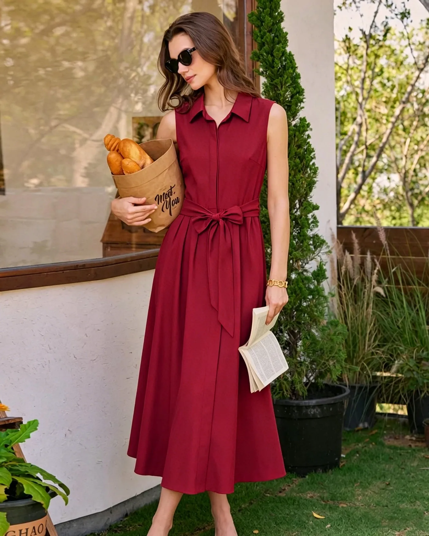 Red Collar Belt Button Midi Dress sold by rihoas product image thumbnail 2