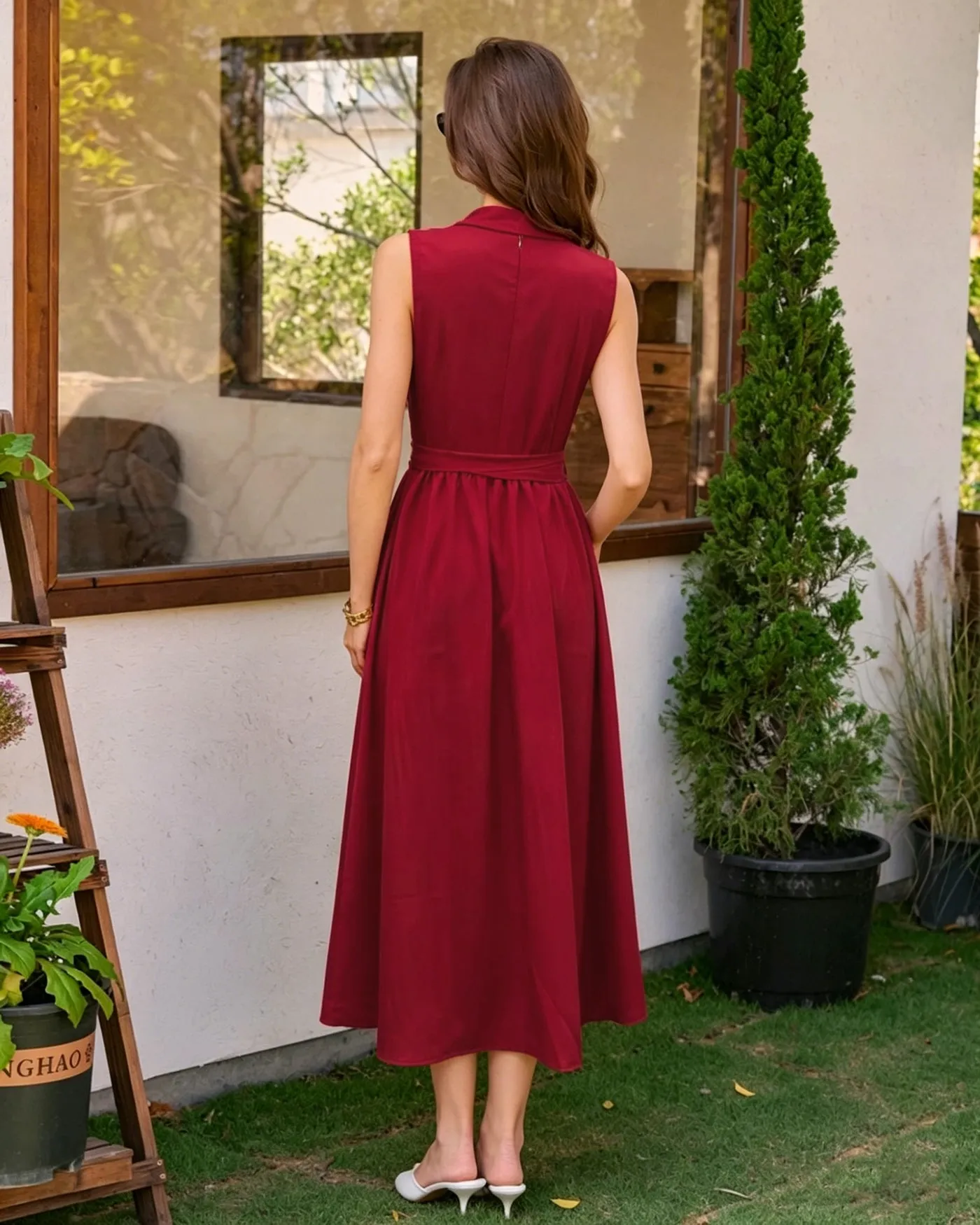 Red Collar Belt Button Midi Dress sold by rihoas product image thumbnail 4