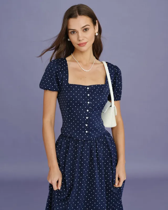 Blue Square Neck Polka Dot Blouse made by rihoas