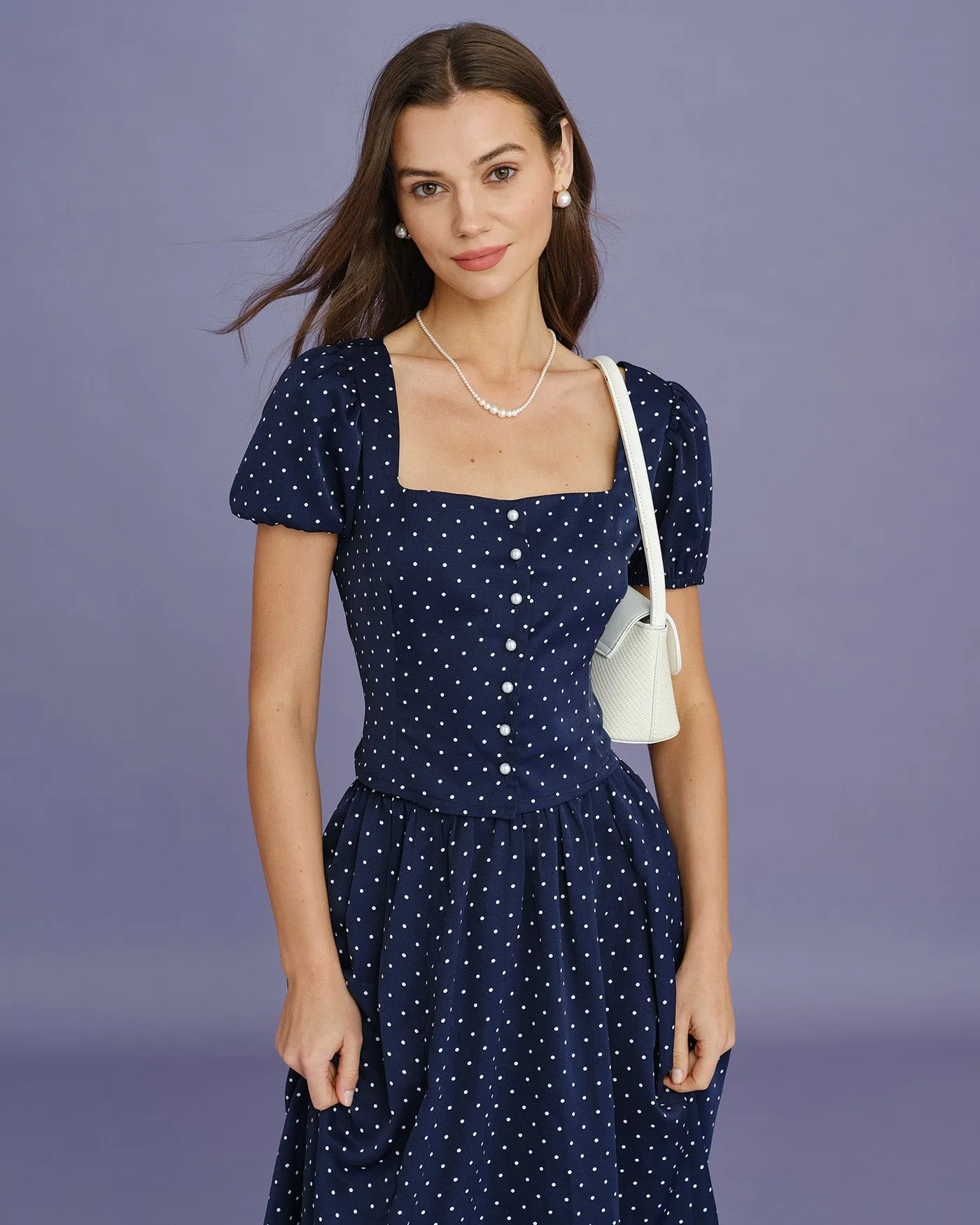 Blue Square Neck Polka Dot Blouse sold by rihoas