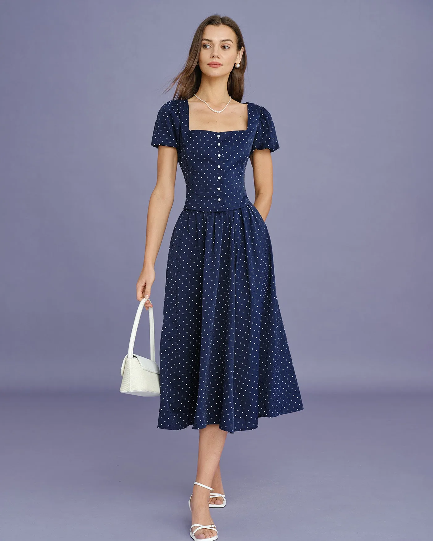 Blue Polka Dot Pockets Midi Skirt sold by rihoas product image thumbnail 3