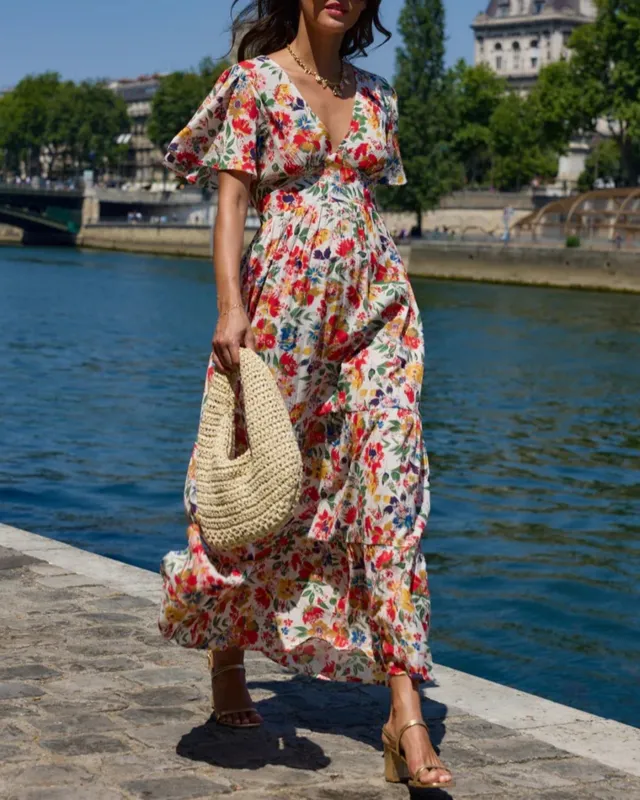 Floral V Neck Butterfly Sleeve Maxi Dress made by rihoas