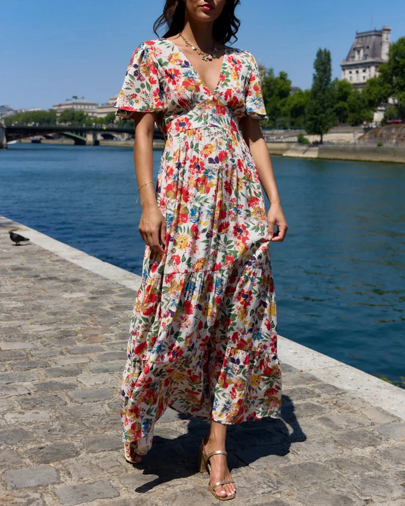Floral V Neck Butterfly Sleeve Maxi Dress sold by rihoas product image thumbnail 2