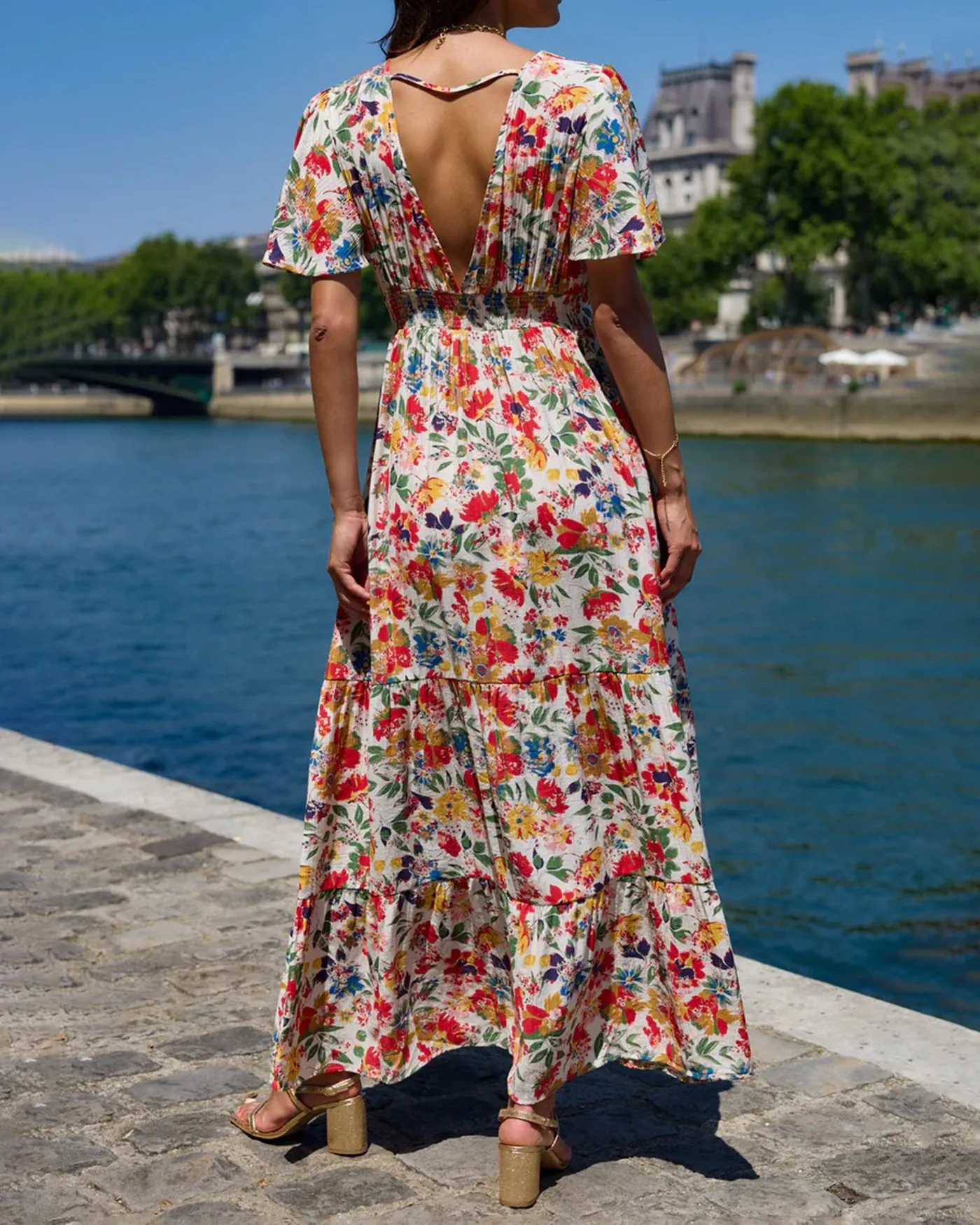 Floral V Neck Butterfly Sleeve Maxi Dress sold by rihoas product image thumbnail 4