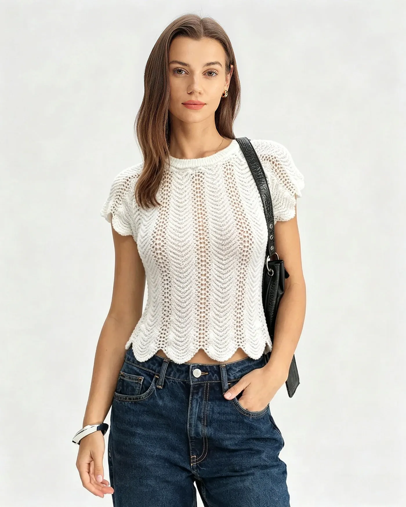 White Round Neck Textured Tee sold by rihoas