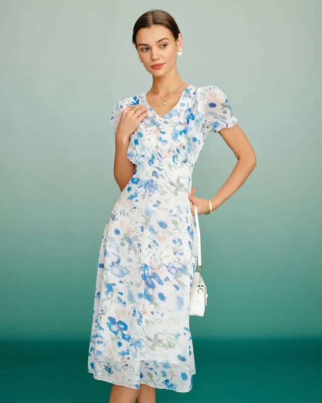 Blue Floral V Neck Shirred Midi Dress made by rihoas