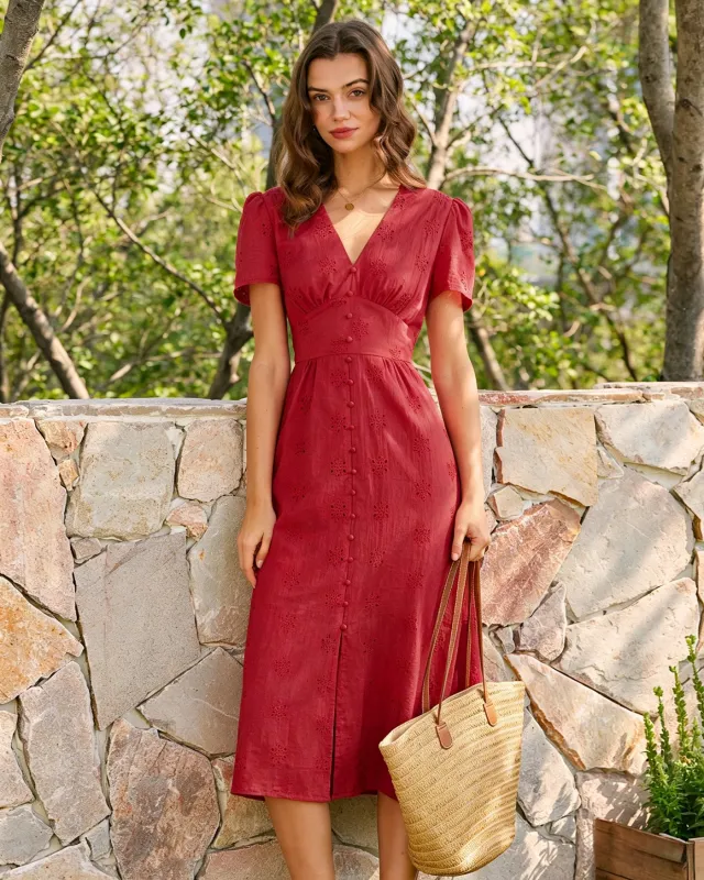 Red V Neck Embroidery Midi Dress made by rihoas