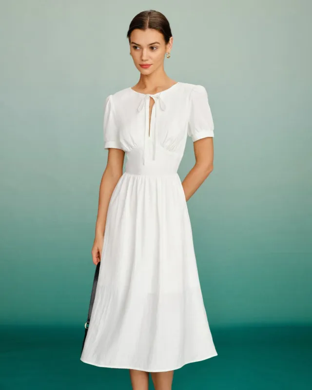 White Puffed Sleeve A-Line Midi Dress made by rihoas