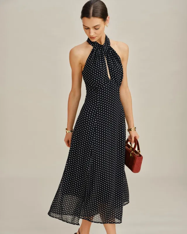 Black Polka Dot Halter Midi Dress made by rihoas