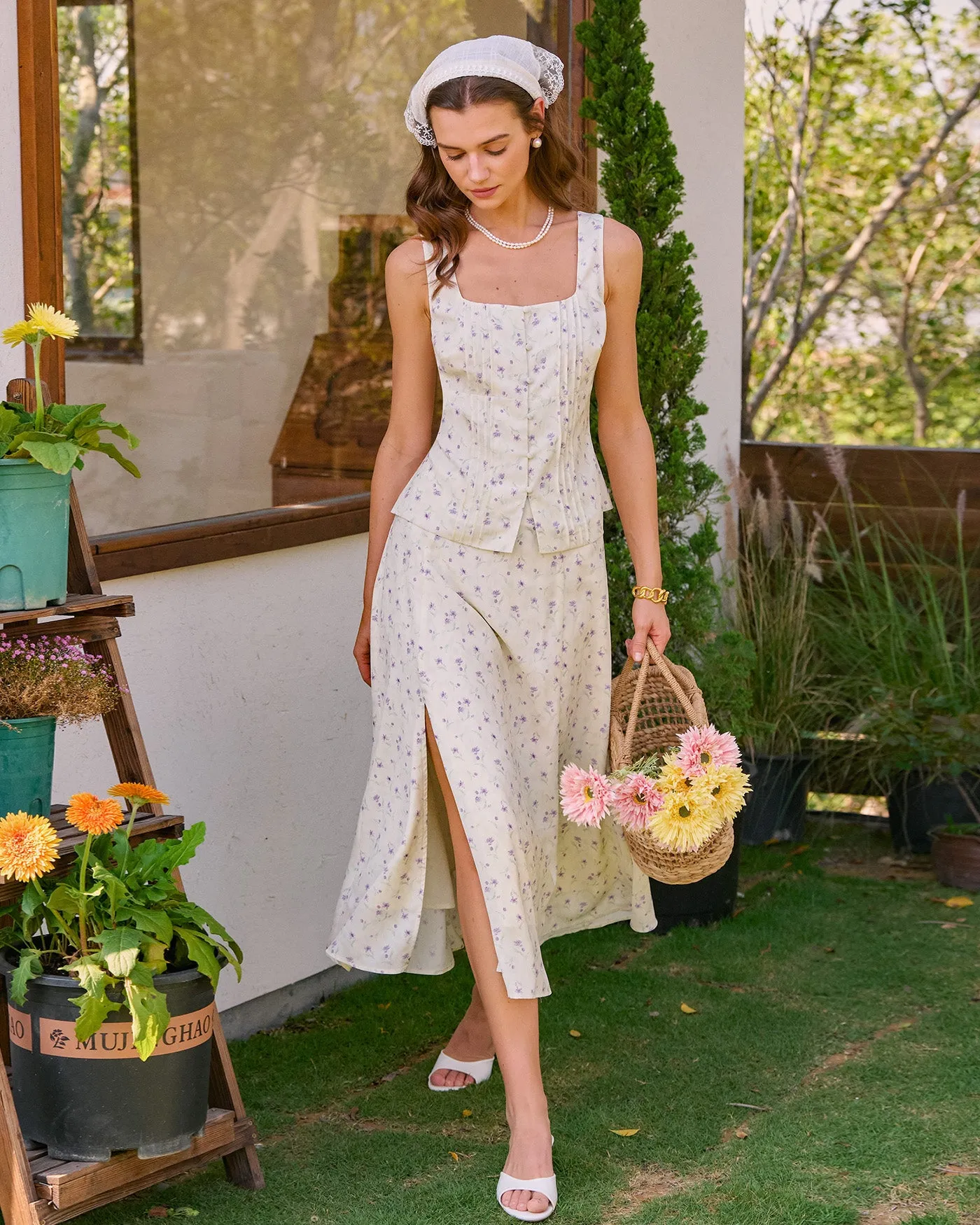 Beige Square Neck Floral Tank Top sold by rihoas product image thumbnail 3