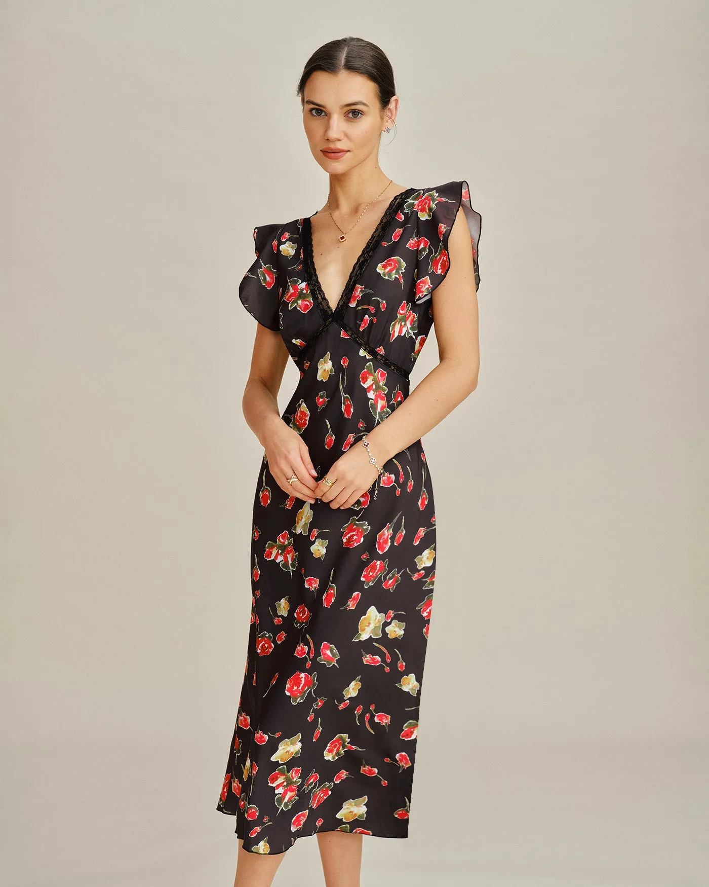 Black V Neck Butterfly Sleeve Floral Midi Dress sold by rihoas product image thumbnail 4