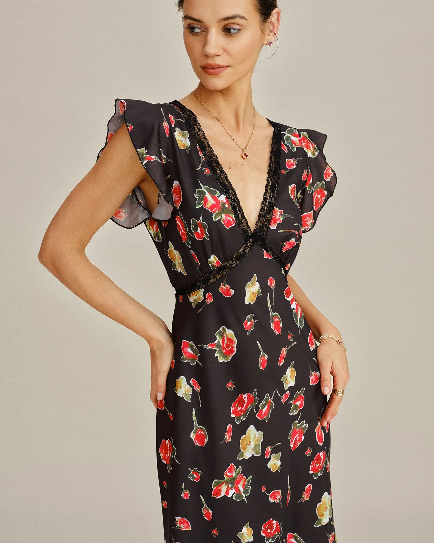 Black V Neck Butterfly Sleeve Floral Midi Dress sold by rihoas product image thumbnail 2
