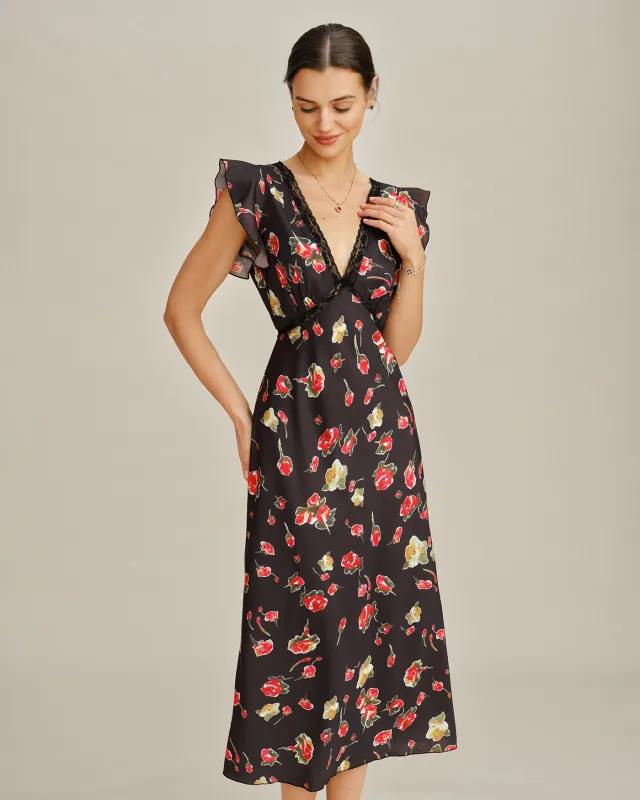 Black V Neck Butterfly Sleeve Floral Midi Dress made by rihoas