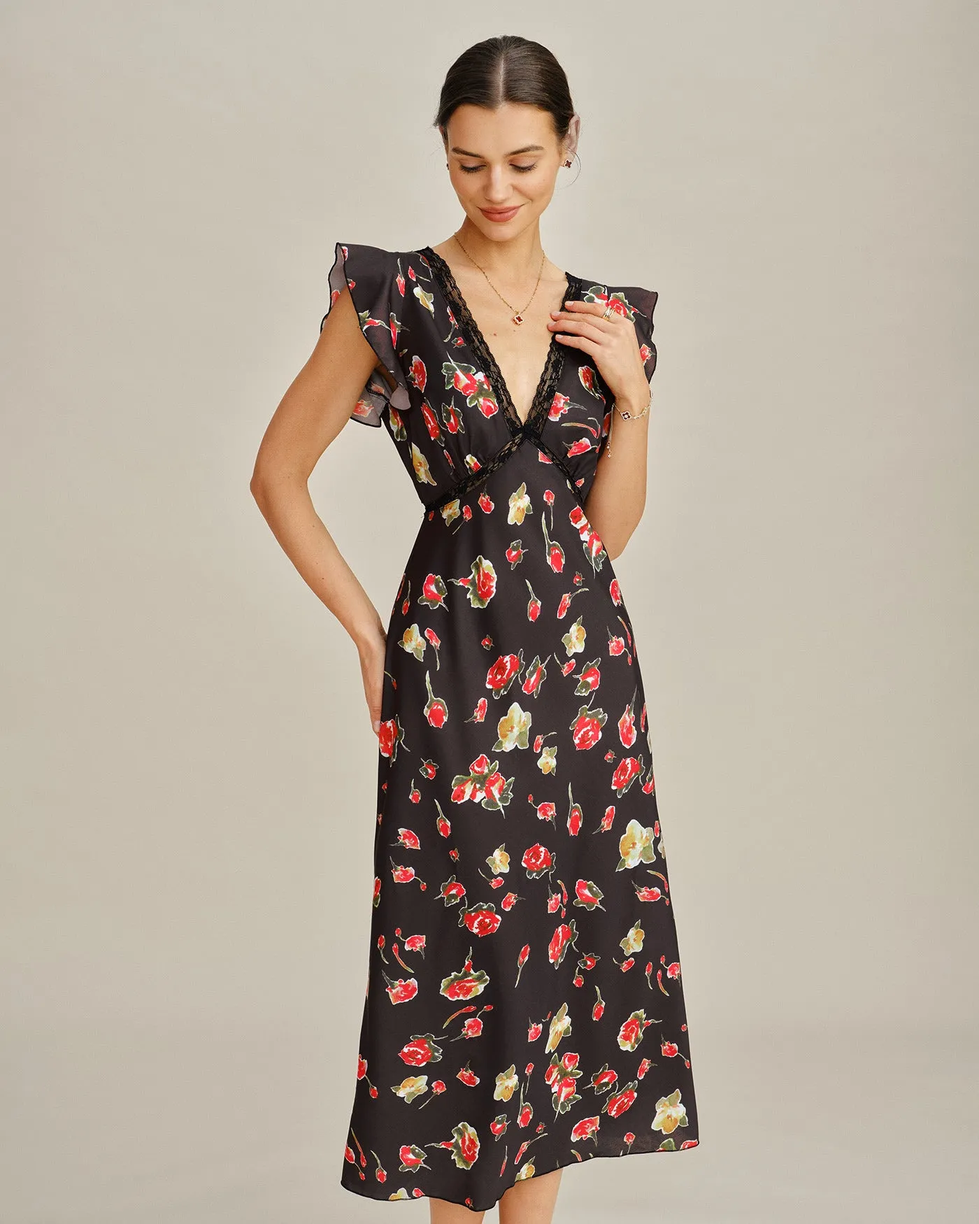 Black V Neck Butterfly Sleeve Floral Midi Dress sold by rihoas