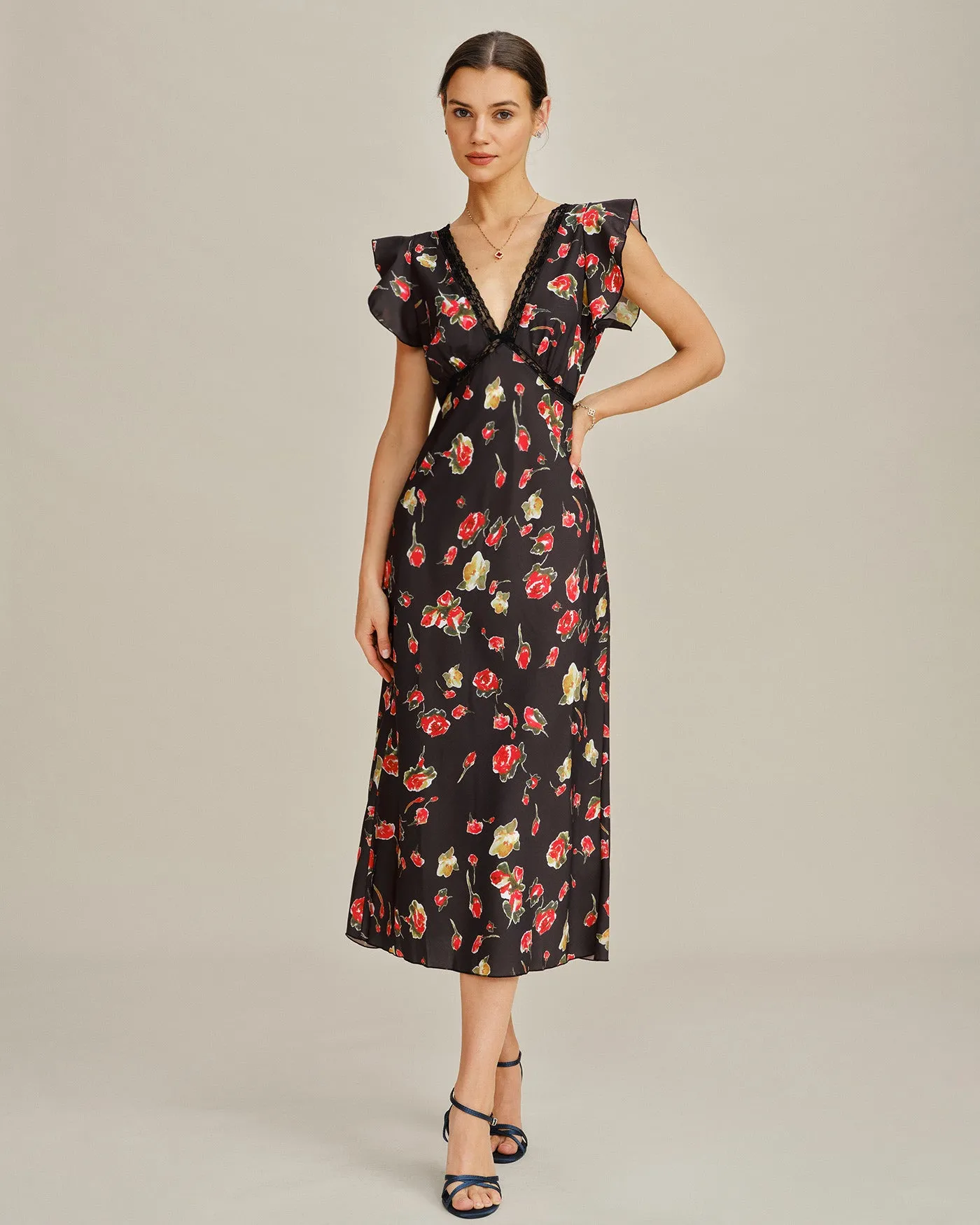 Black V Neck Butterfly Sleeve Floral Midi Dress sold by rihoas product image thumbnail 5