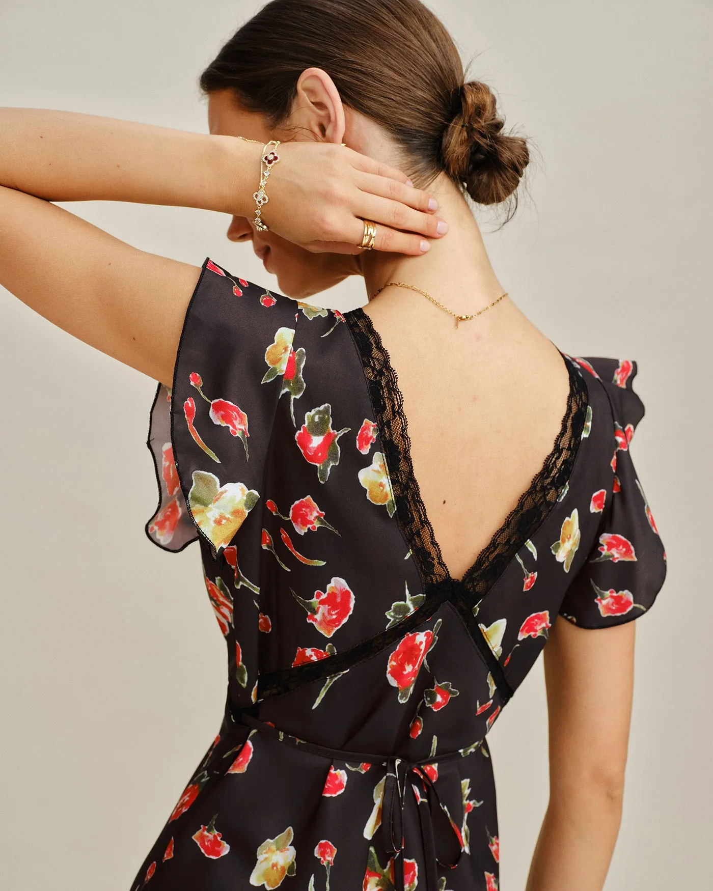 Black V Neck Butterfly Sleeve Floral Midi Dress sold by rihoas product image thumbnail 3
