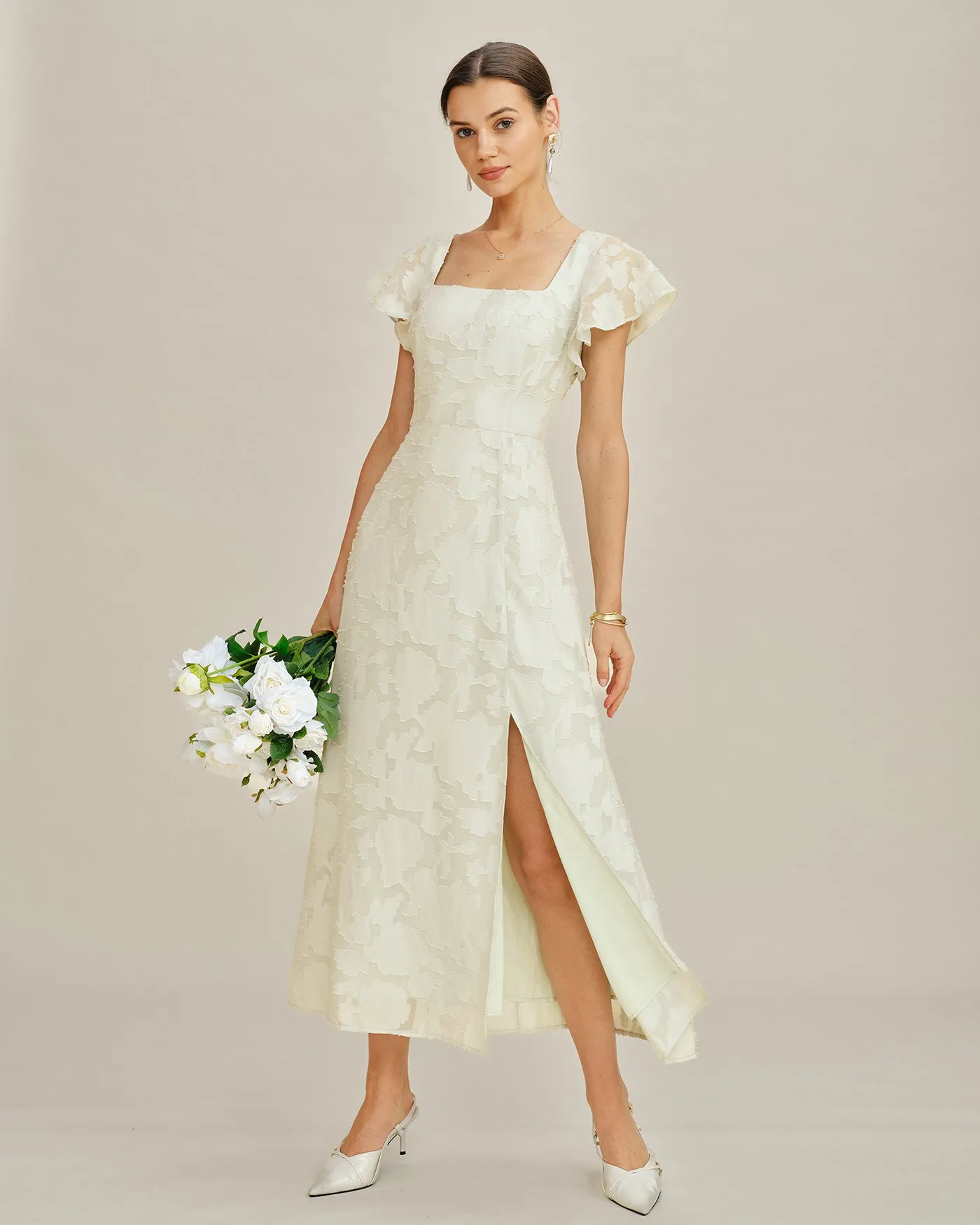 Beige Square Neck Jacquard Midi Dress sold by rihoas product image thumbnail 4