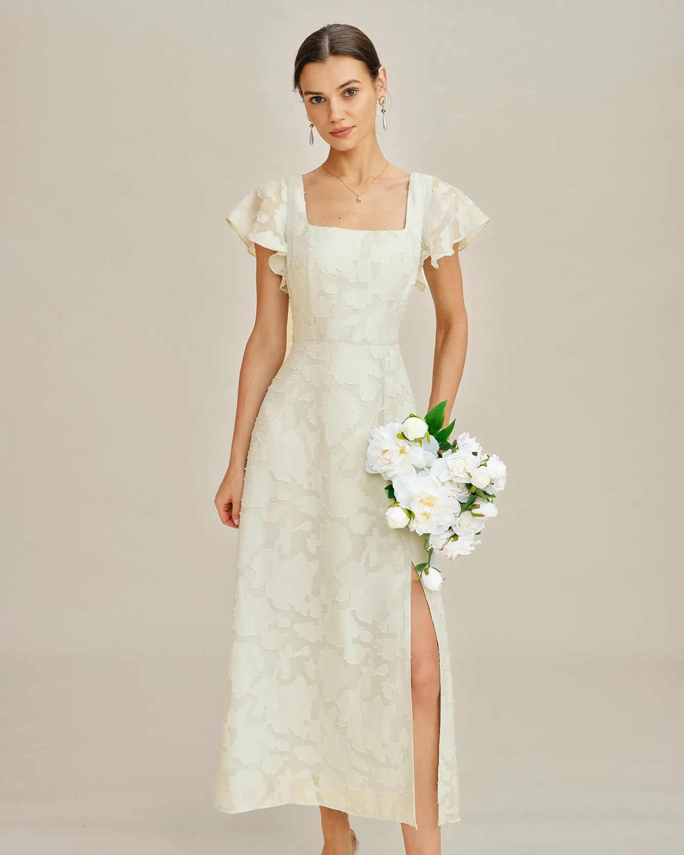 Beige Square Neck Jacquard Midi Dress sold by rihoas