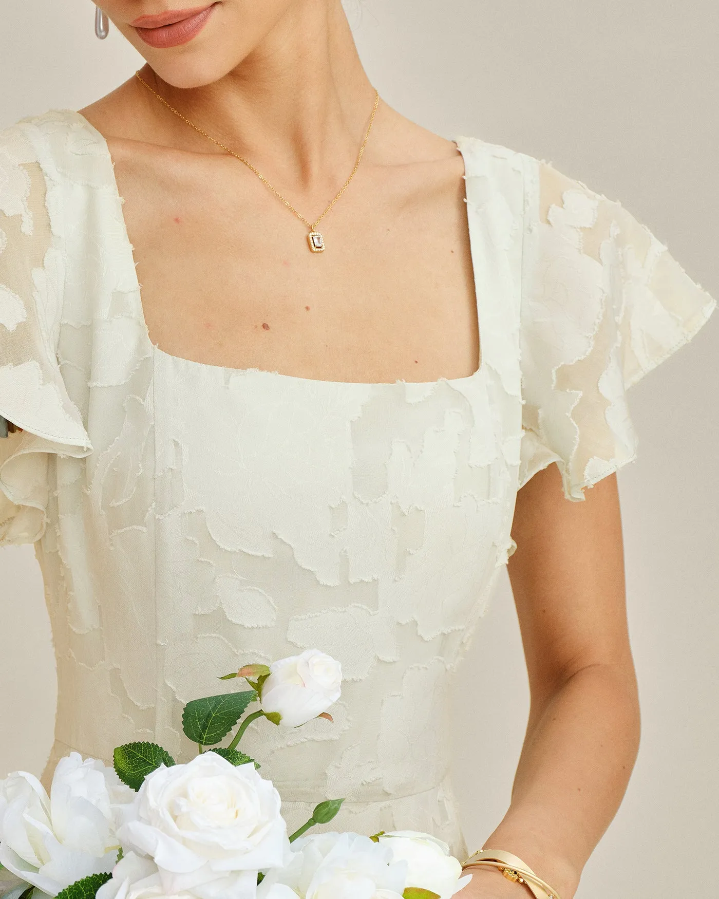 Beige Square Neck Jacquard Midi Dress sold by rihoas product image thumbnail 2