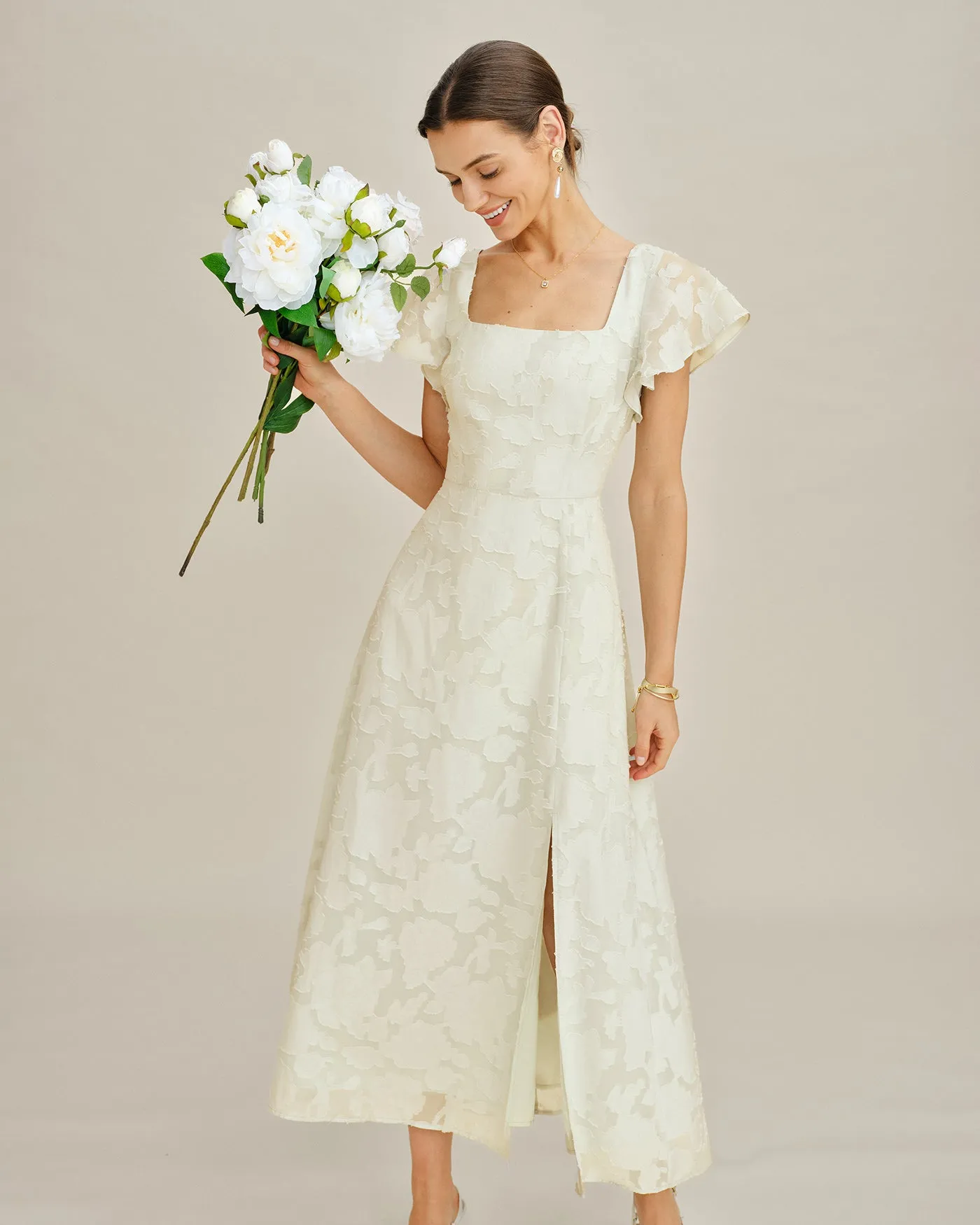 Beige Square Neck Jacquard Midi Dress sold by rihoas product image thumbnail 3