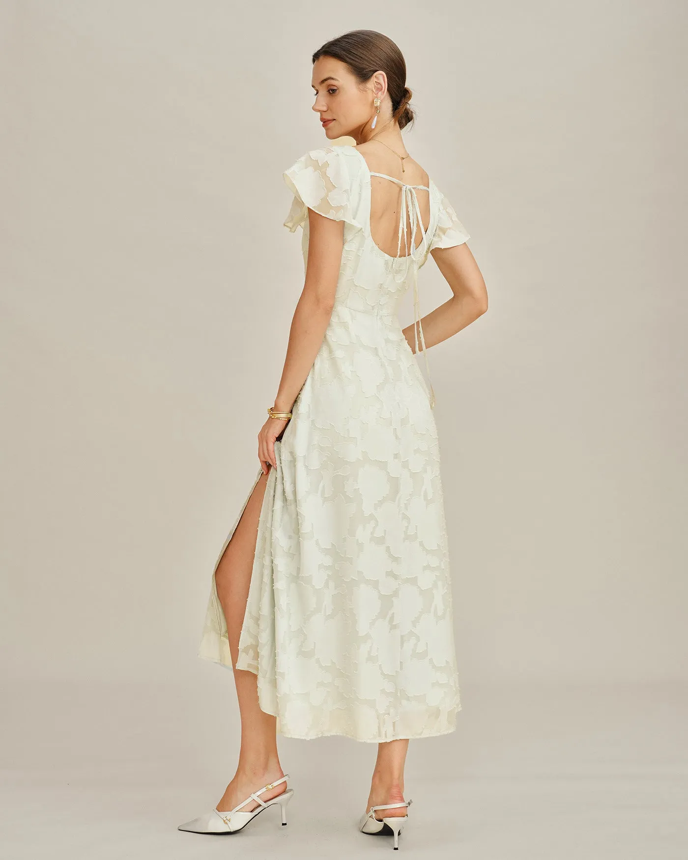 Beige Square Neck Jacquard Midi Dress sold by rihoas product image thumbnail 5