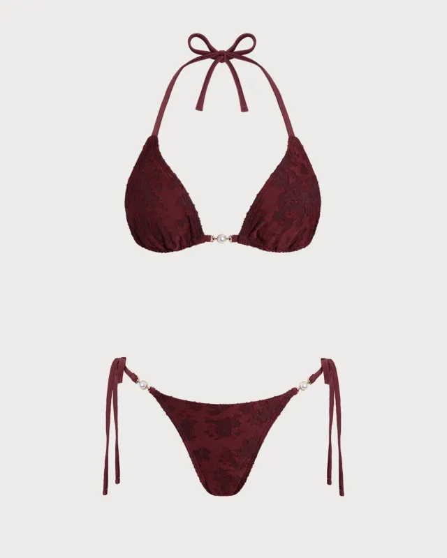 Brick Red Halter Textured Bikini Set made by rihoas