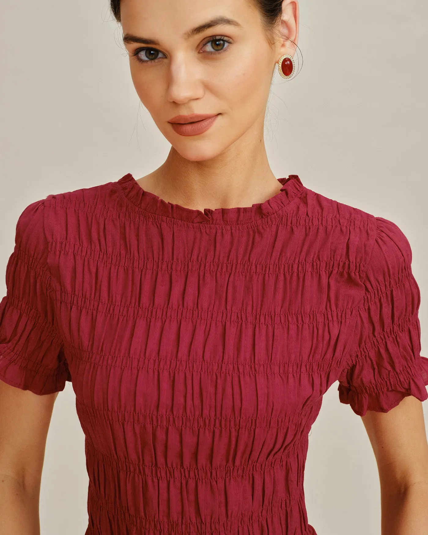 Red Cowl Neck Shirred Tee sold by rihoas product image thumbnail 2