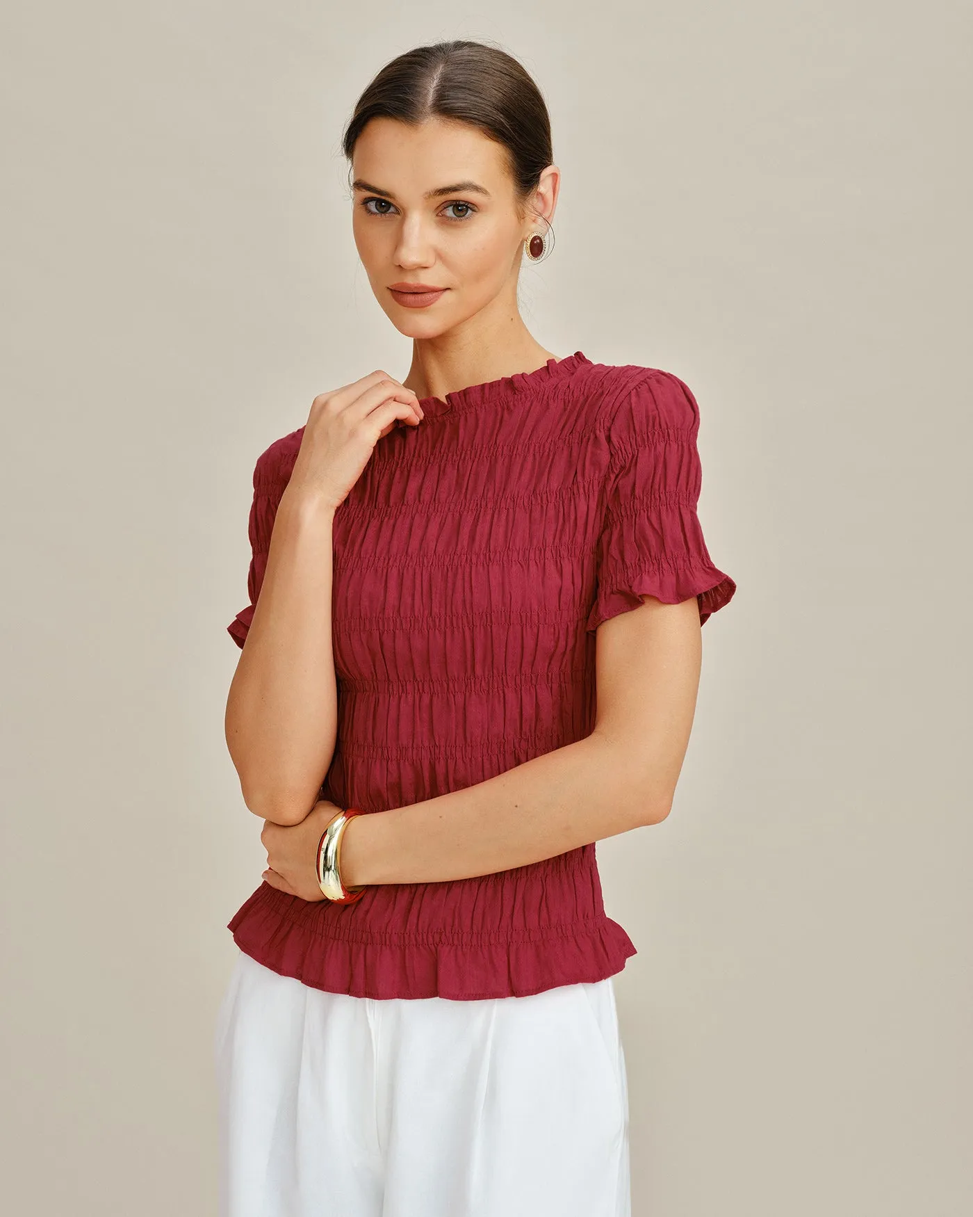 Red Cowl Neck Shirred Tee sold by rihoas product image thumbnail 4