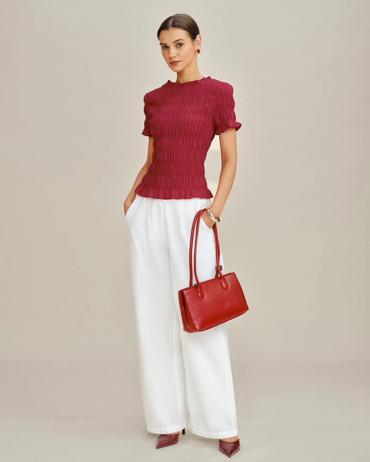 Red Cowl Neck Shirred Tee sold by rihoas product image thumbnail 5