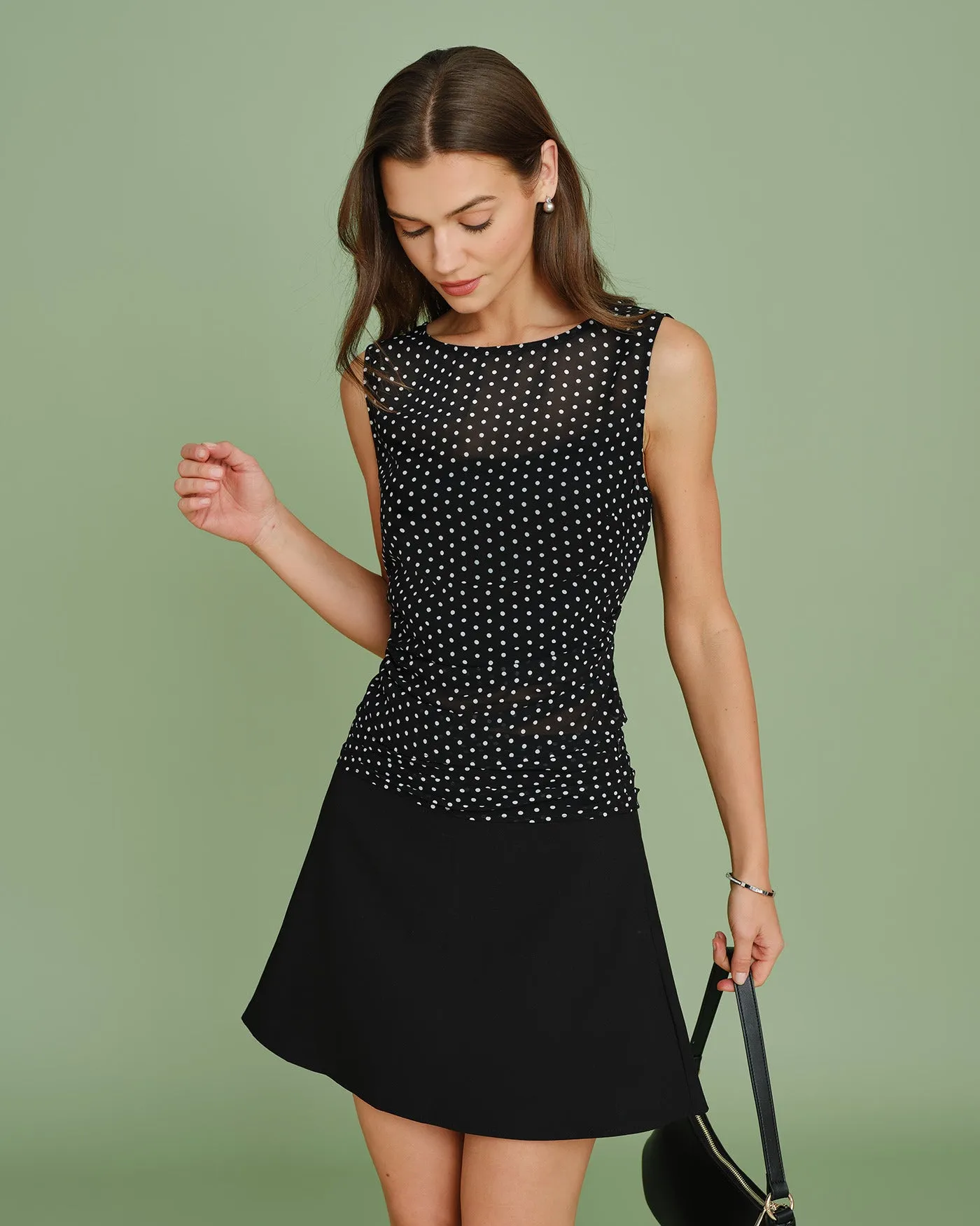 Black Polka Dot Splicing Mini Skirt sold by rihoas