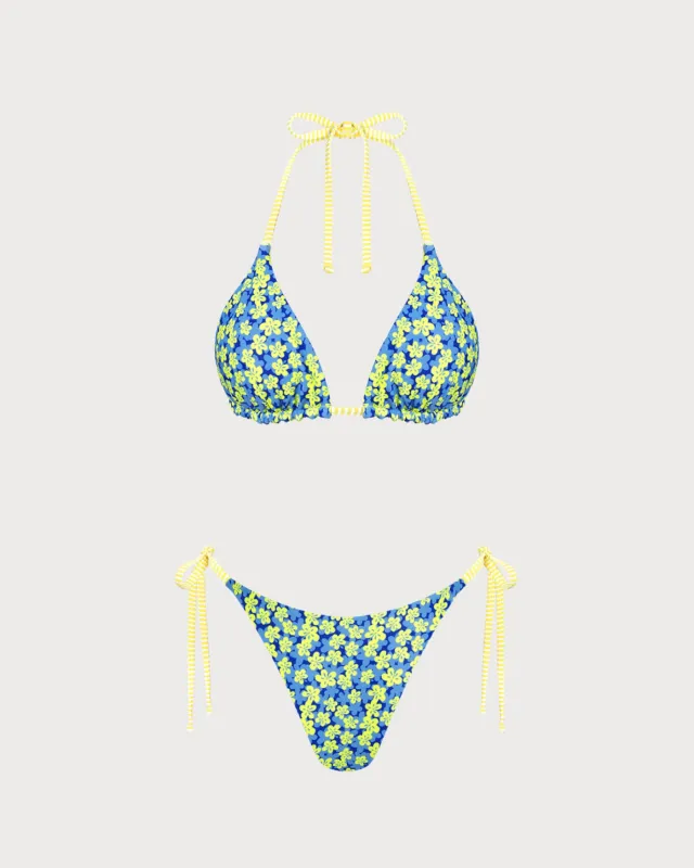 Blue Halter Floral Reversible Bikini Set made by rihoas