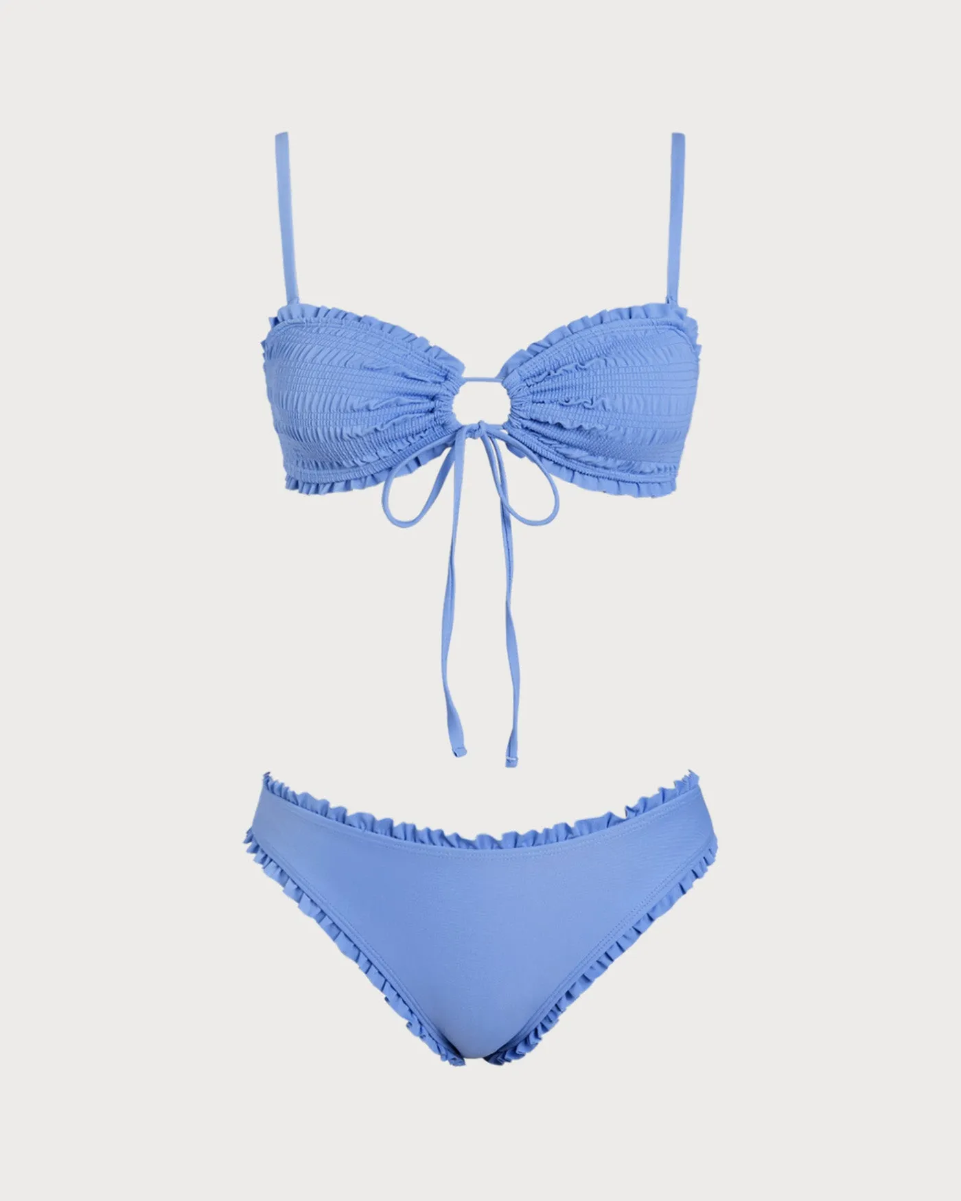 Blue Ruched Ruffle Bikini Set sold by rihoas