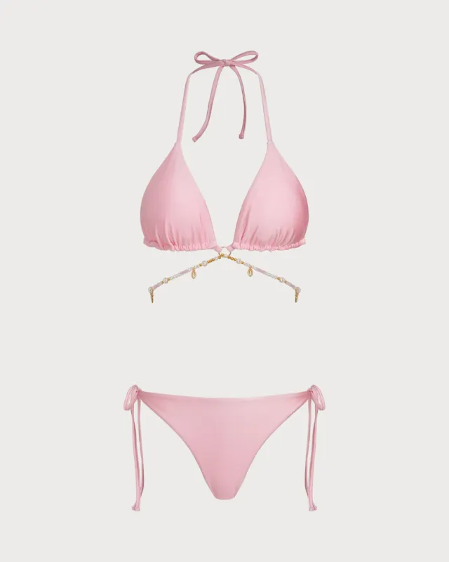 Pink Halter O-Ring Drawstring Bikini Set made by rihoas