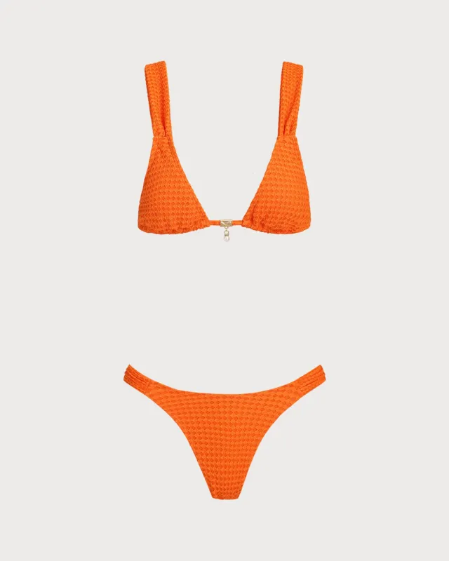 Orange Elastic Waist Textured Bikini Set made by rihoas