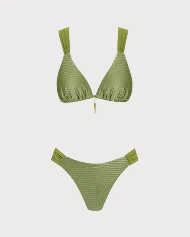 Green V Neck Textured Bikini Set made by rihoas