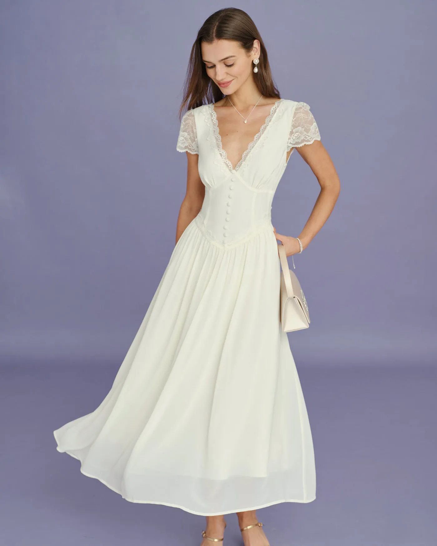 Apricot V Neck Lace Splicing Maxi Dress sold by rihoas product image thumbnail 5
