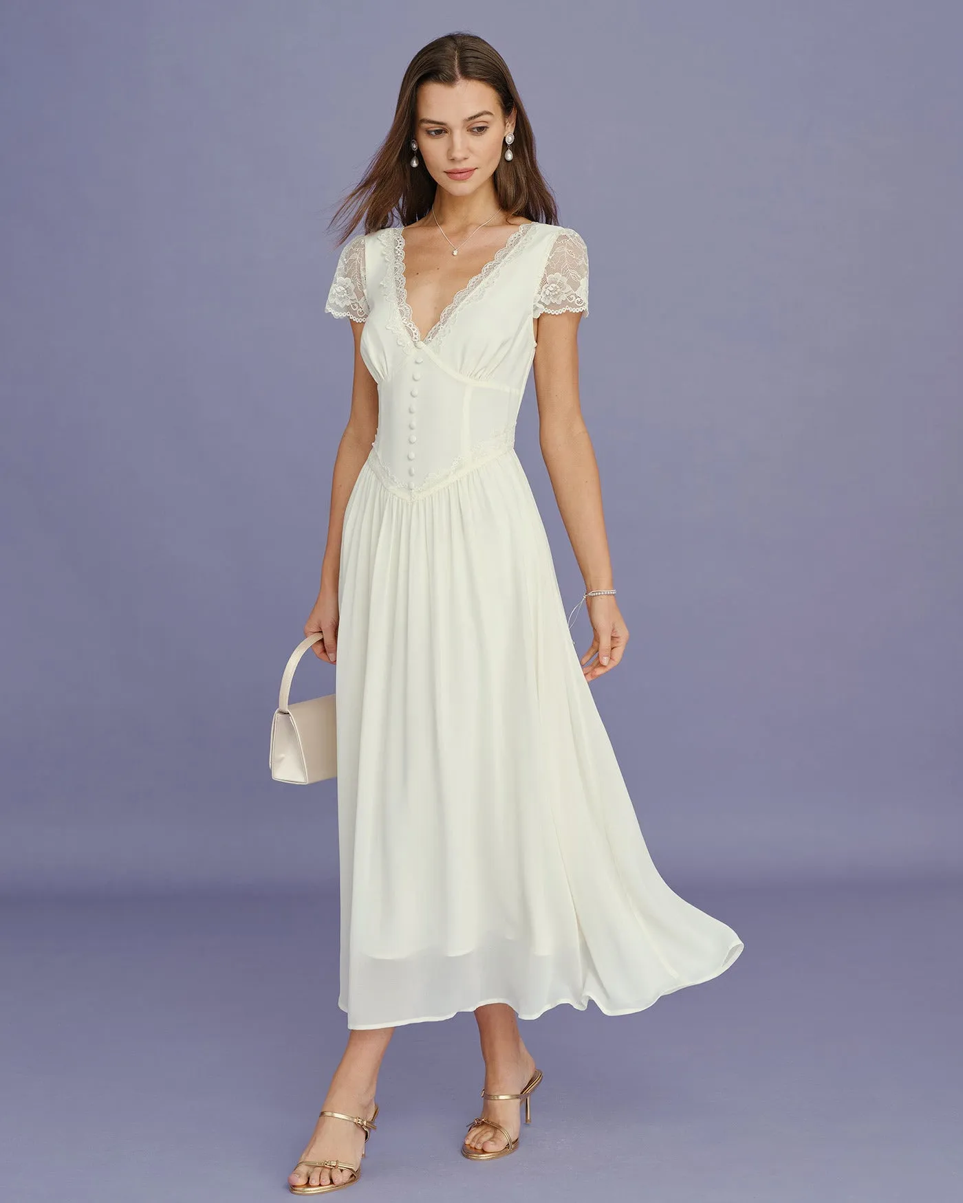 Apricot V Neck Lace Splicing Maxi Dress sold by rihoas product image thumbnail 4