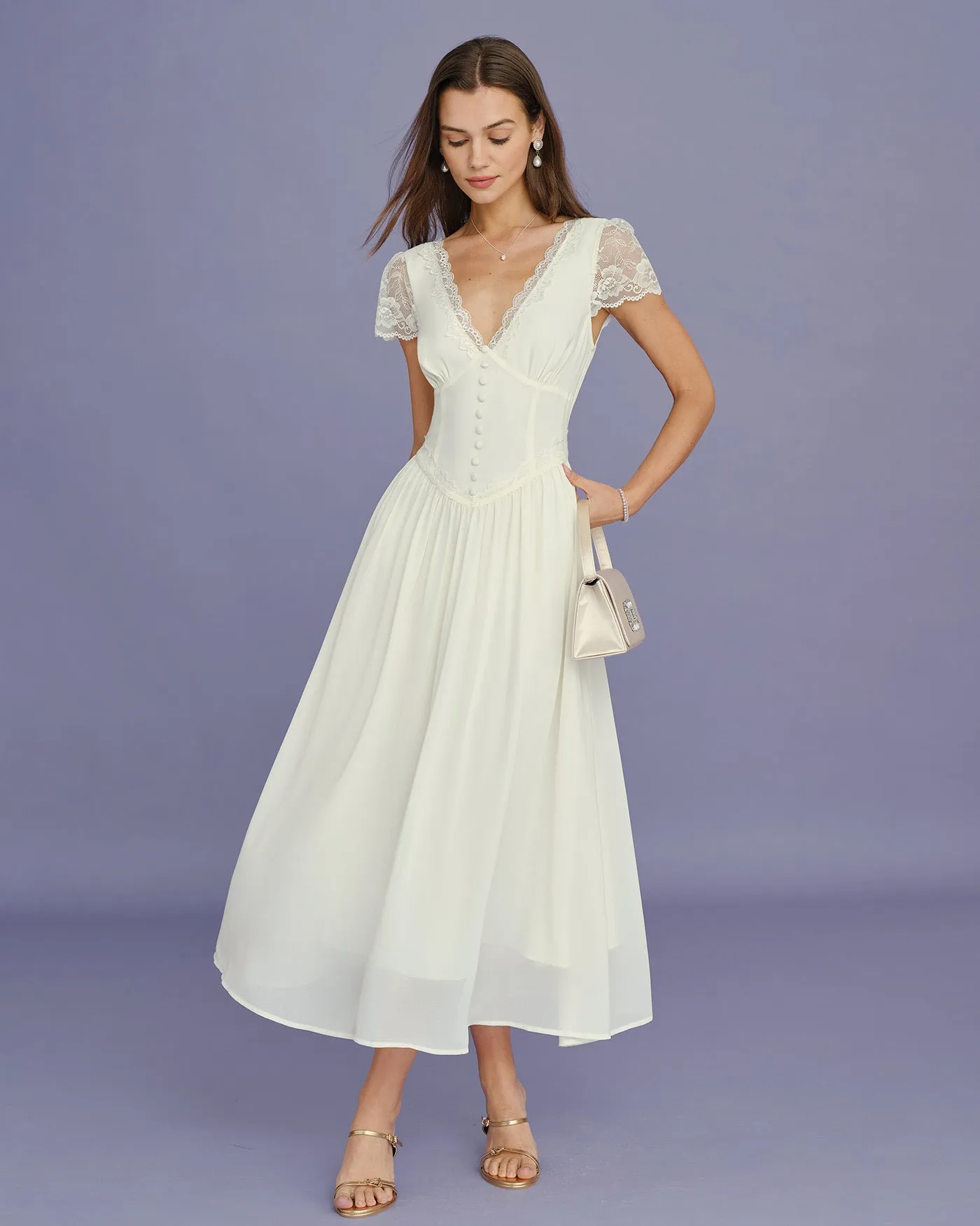 Apricot V Neck Lace Splicing Maxi Dress sold by rihoas product image thumbnail 3