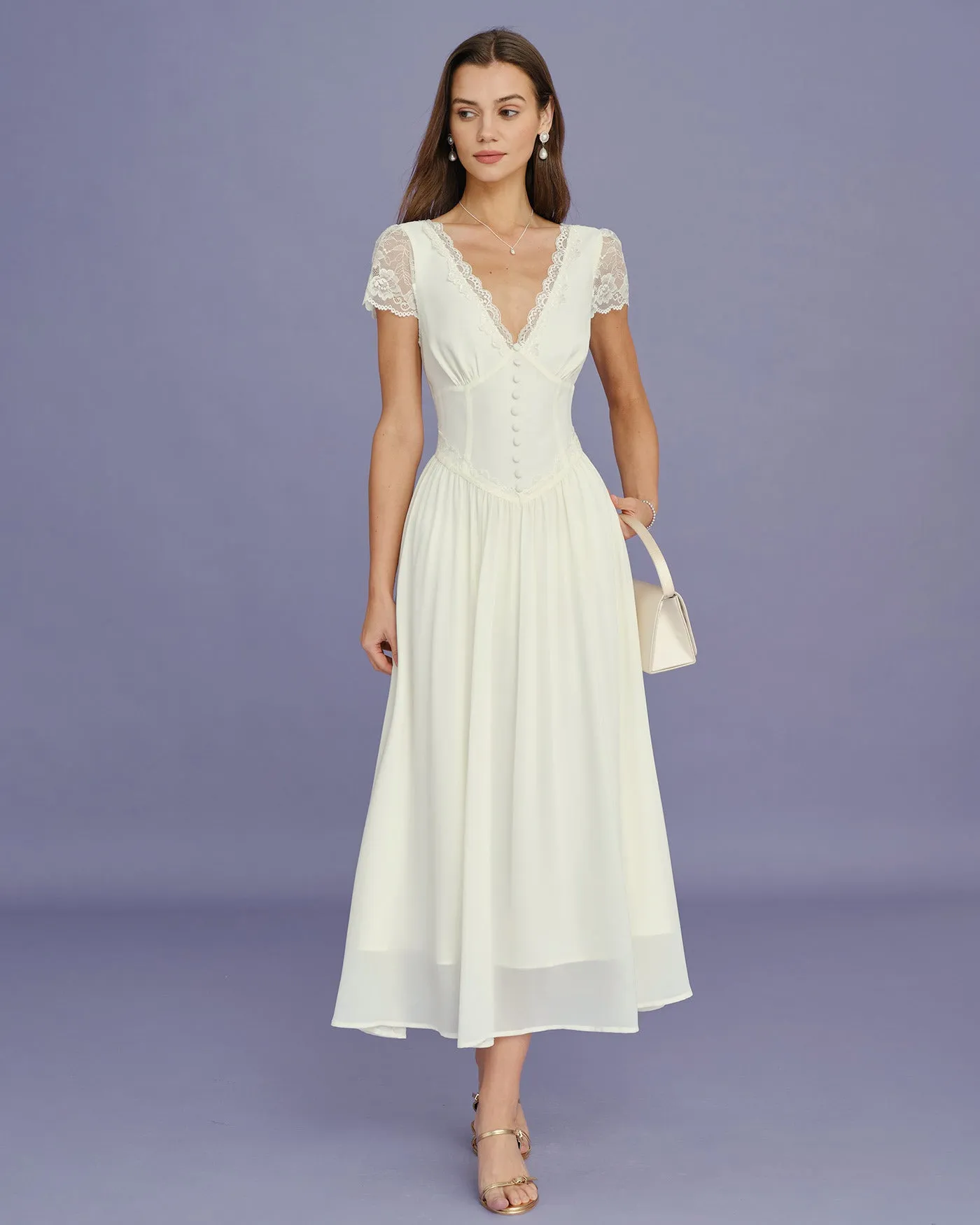 Apricot V Neck Lace Splicing Maxi Dress sold by rihoas product image thumbnail 2