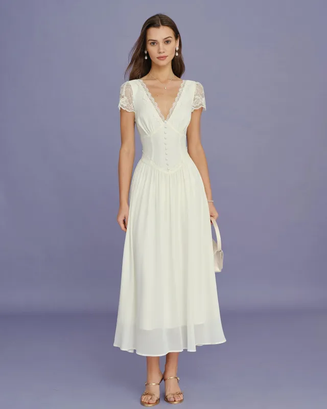 Apricot V Neck Lace Splicing Maxi Dress made by rihoas