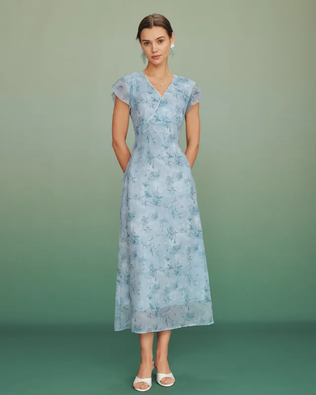 Blue V Neck Lace Floral Maxi Dress made by rihoas