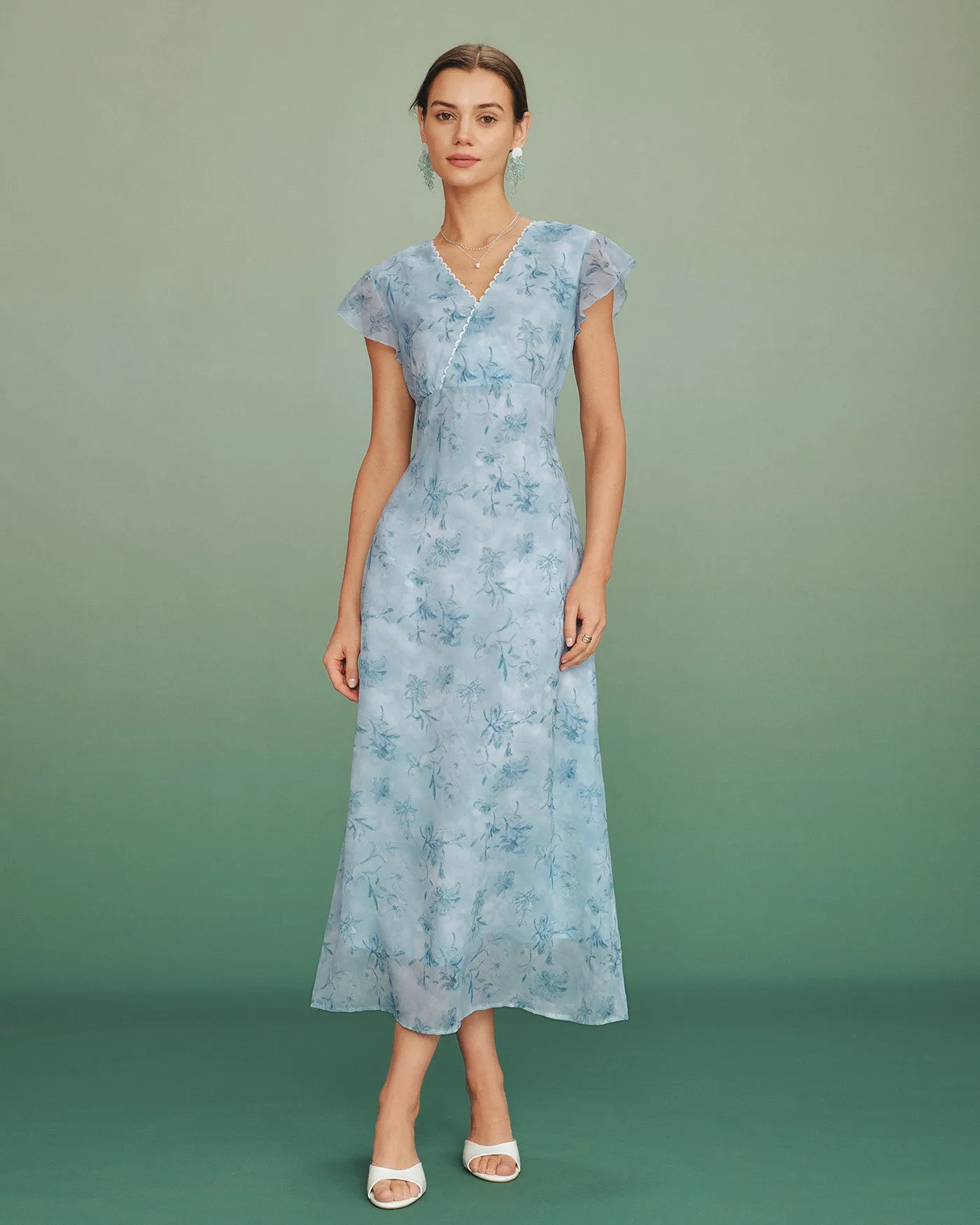 Blue V Neck Lace Floral Maxi Dress sold by rihoas product image thumbnail 4