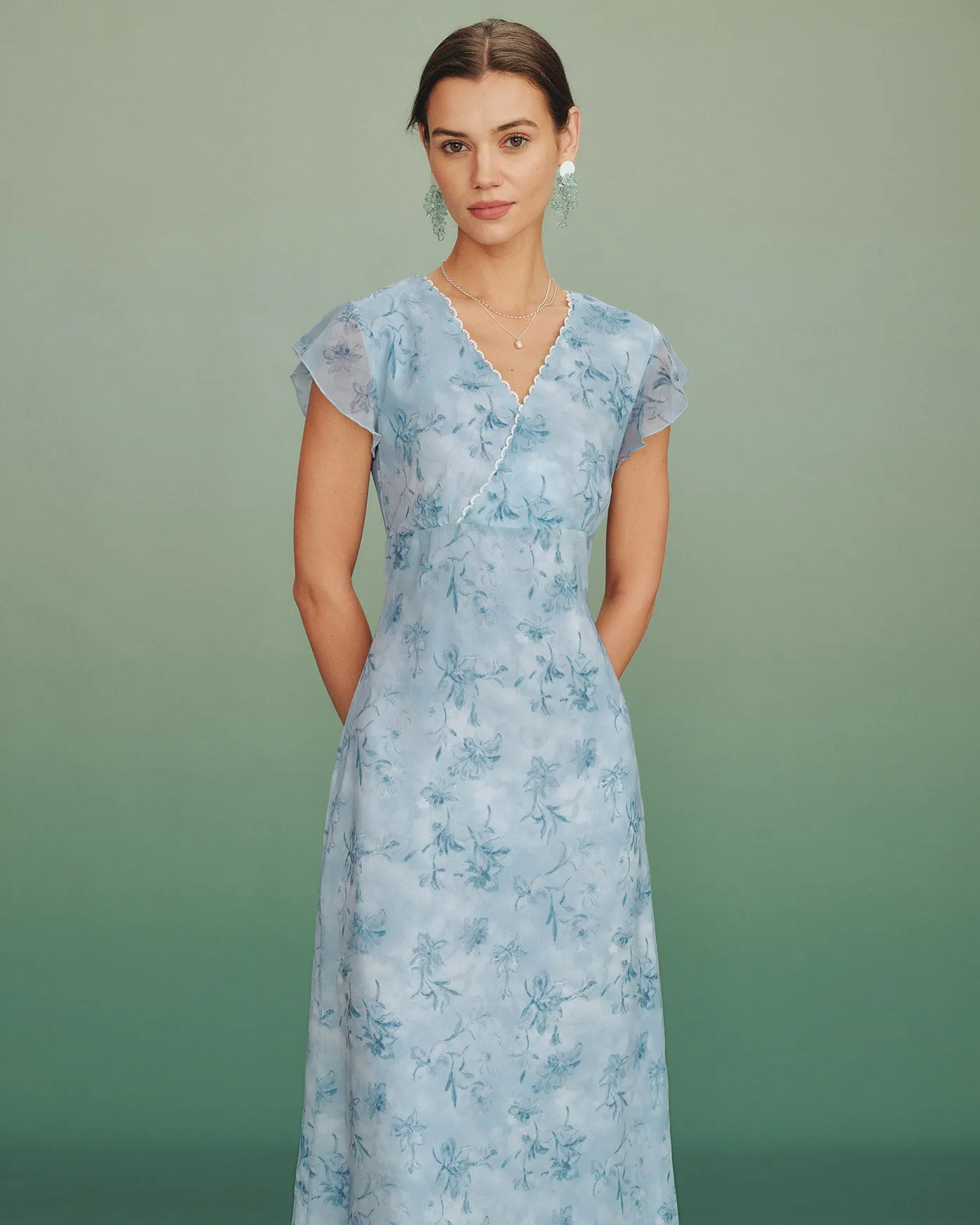 Blue V Neck Lace Floral Maxi Dress sold by rihoas product image thumbnail 3