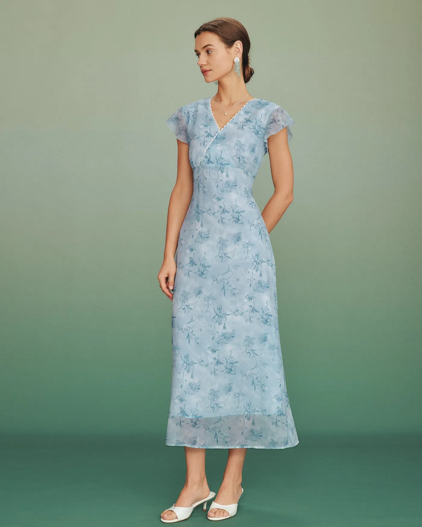 Blue V Neck Lace Floral Maxi Dress sold by rihoas product image thumbnail 5