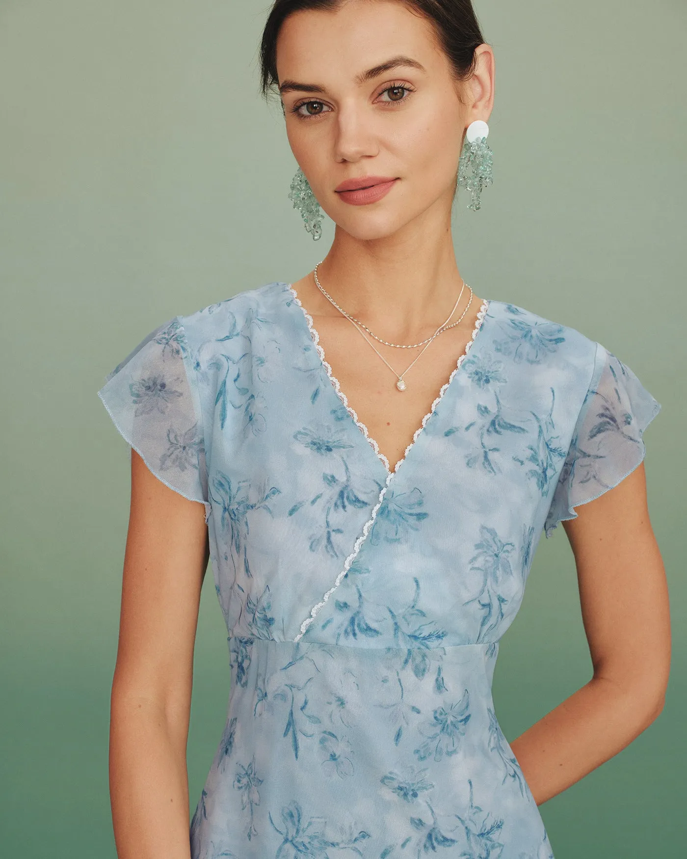 Blue V Neck Lace Floral Maxi Dress sold by rihoas product image thumbnail 2