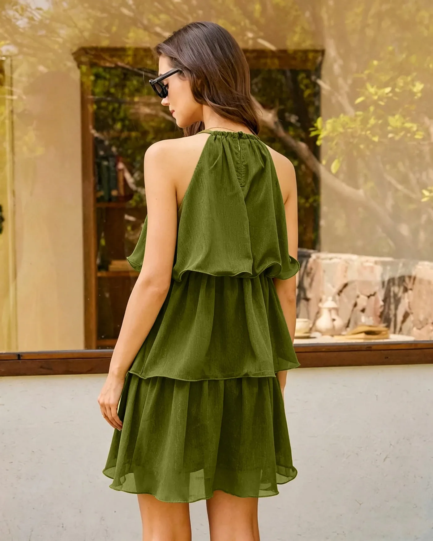 Green Round Neck Flowy Mini Dress sold by rihoas product image thumbnail 2